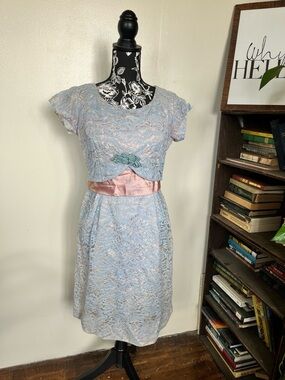 1960s vintage Light Blue Lace Cocktail Dress with Pink Satin Waistband